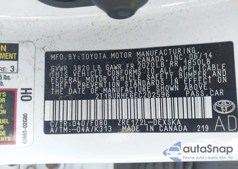 2014 Toyota Corolla L/Le/Le Pls/Prm/S/S Pls из США, поврежденный, VIN 2T1BURHE6EC202596